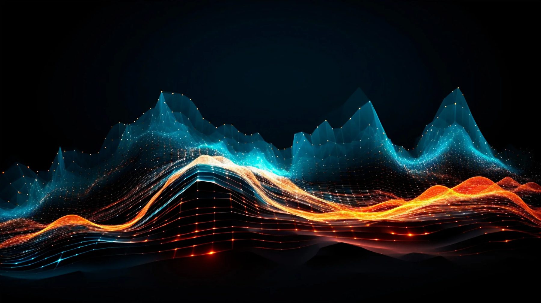 Digital visualization of a 3D landscape rendered in glowing blue and orange point-cloud data